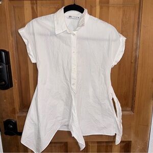 ZARA White Asymmetric Tunic Button Down Top | Size XS | Draped Hem Oversized Fit